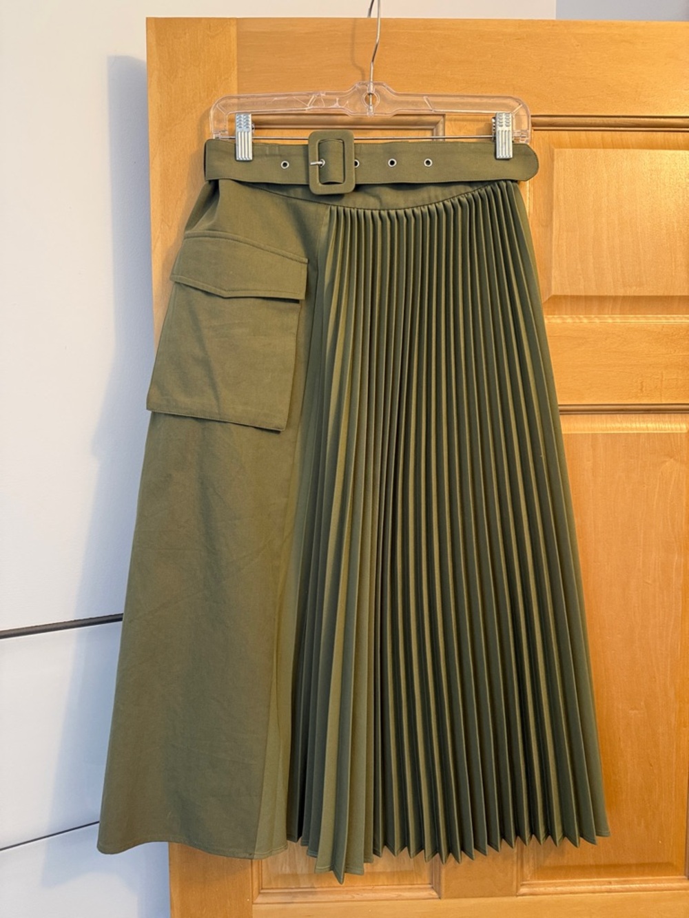 Anthropologie Olive Green Midi Skirt with Pleated Panel and Belt